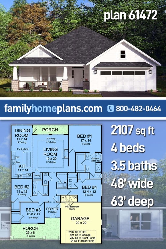Bungalow, Country, Traditional House Plan 61472 with 4 Beds, 4 Baths, 2 Car Garage