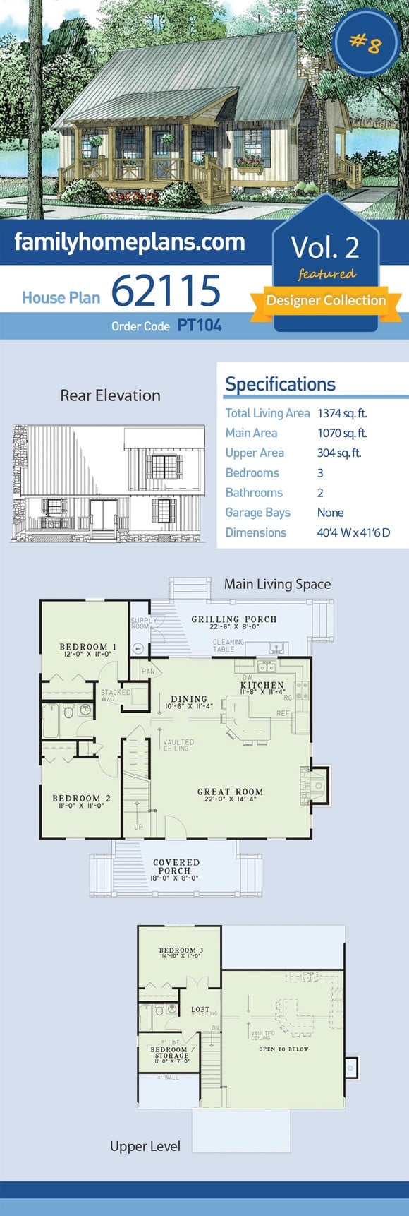 Cabin, Cottage, Country, Southern House Plan 62115 with 3 Beds, 2 Baths