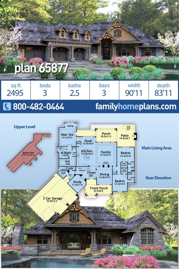 Cottage, Craftsman, Tuscan House Plan 65877 with 3 Beds, 3 Baths, 3 Car Garage