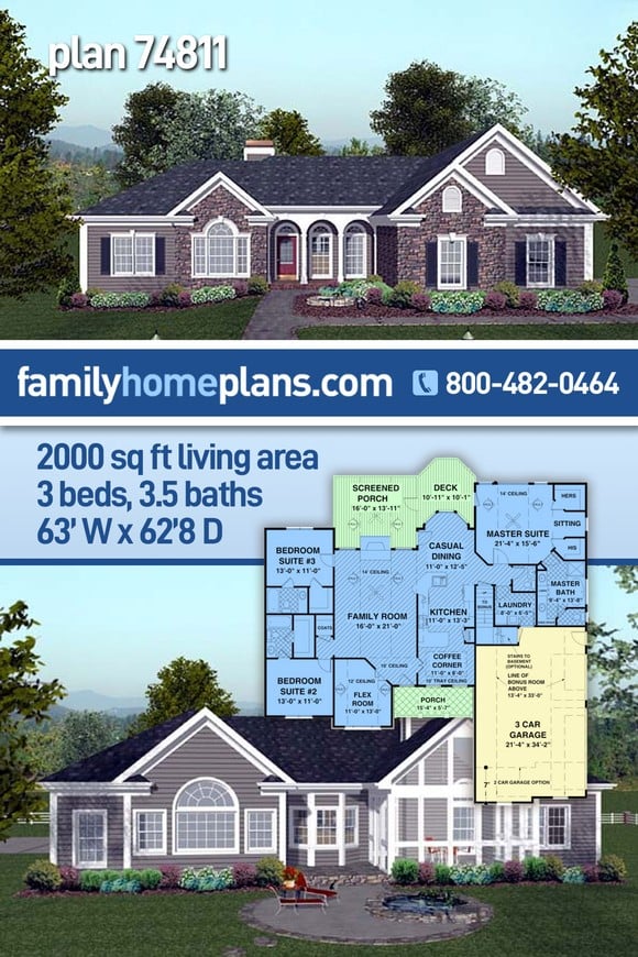 Craftsman, Ranch House Plan 74811 with 3 Beds, 4 Baths, 3 Car Garage