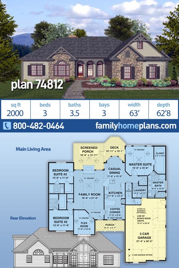 Craftsman, European, Ranch House Plan 74812 with 3 Beds, 4 Baths, 3 Car Garage