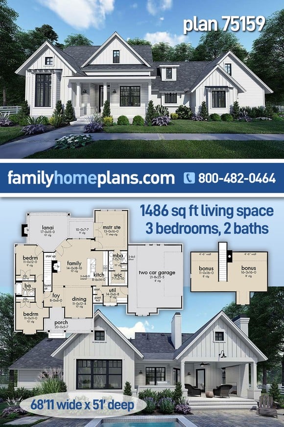 Country, Craftsman, Farmhouse, New American Style, Southern House Plan 75159 with 3 Beds, 2 Baths, 2 Car Garage
