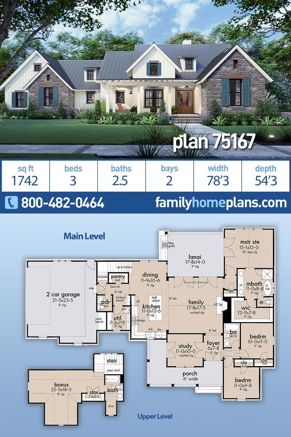 Cottage, Country, Farmhouse, New American Style, Southern House Plan 75167 with 3 Beds, 3 Baths, 2 Car Garage
