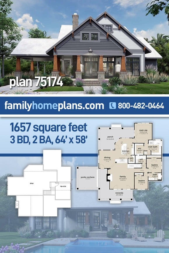 Cottage, Craftsman, Farmhouse House Plan 75174 with 3 Beds, 2 Baths, 2 Car Garage
