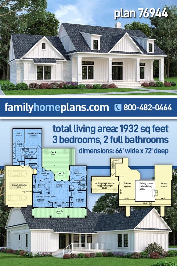 Farmhouse House Plan 76944 with 3 Beds, 2 Baths, 3 Car Garage