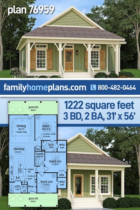 Colonial, Cottage, Country, European, Southern House Plan 76959 with 3 Beds, 2 Baths