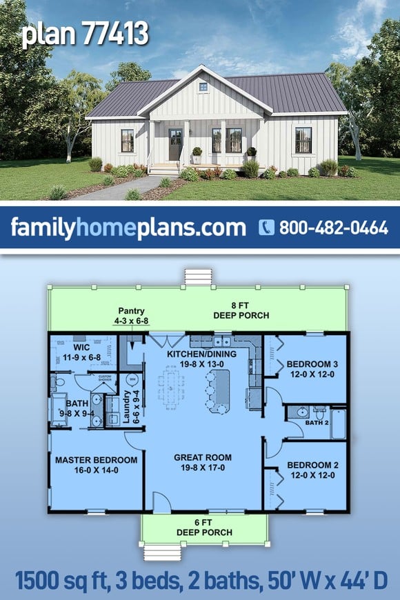 Cottage, Country, Traditional House Plan 77413 with 3 Beds, 2 Baths
