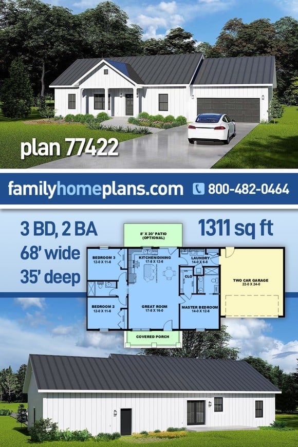 Country, Ranch, Traditional House Plan 77422 with 3 Beds, 2 Baths, 2 Car Garage