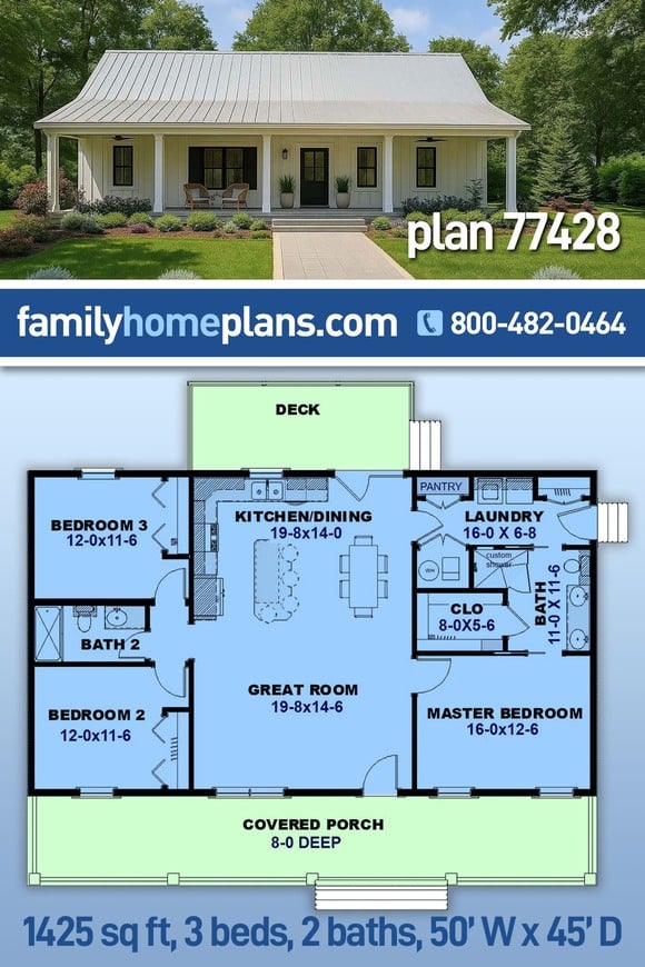 Country, Ranch, Southern House Plan 77428 with 3 Beds, 2 Baths