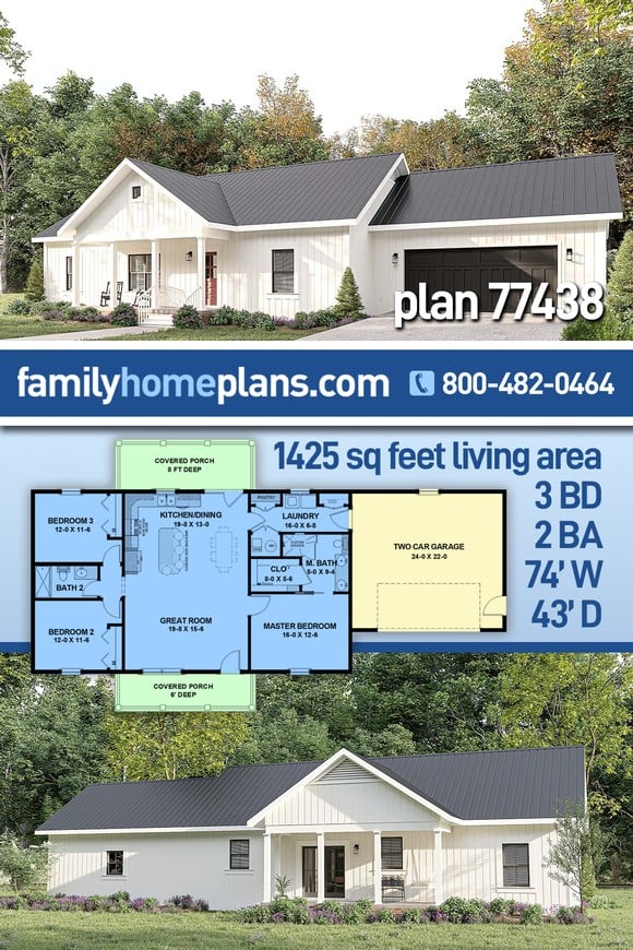 Cottage, Country, Ranch House Plan 77438 with 3 Beds, 2 Baths, 2 Car Garage