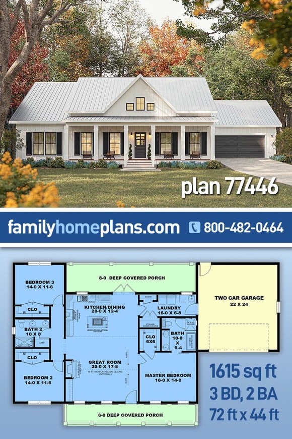 Country, Farmhouse, Ranch, Southern House Plan 77446 with 3 Beds, 2 Baths, 2 Car Garage