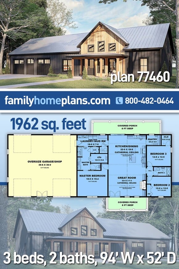 Barndominium House Plan 77460 with 3 Beds, 2 Baths, 4 Car Garage