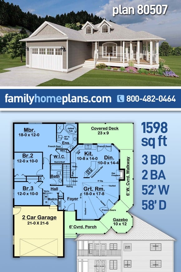 Country, Traditional House Plan 80507 with 3 Beds, 2 Baths, 2 Car Garage