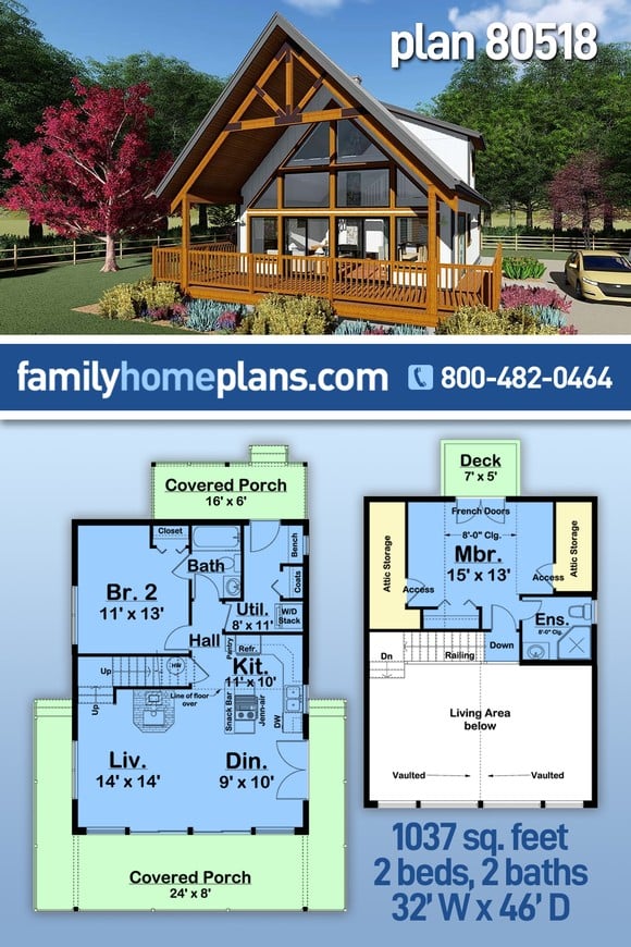A-Frame, Cabin House Plan 80518 with 2 Beds, 2 Baths