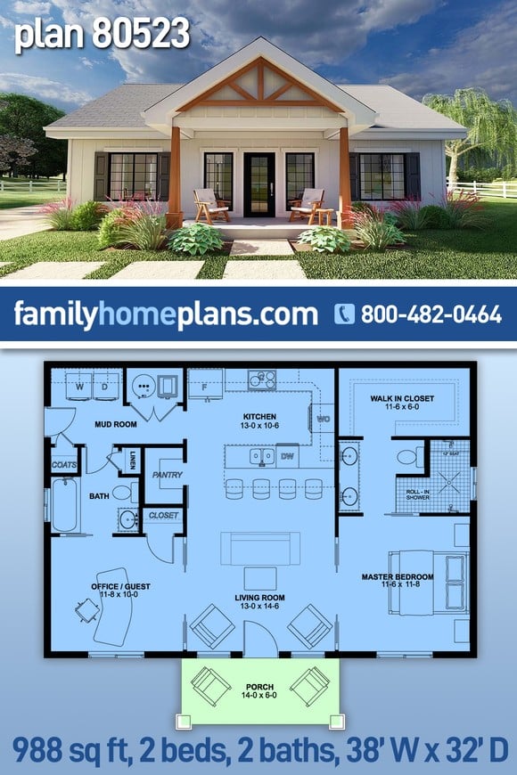 Country, Craftsman, Farmhouse, Ranch House Plan 80523 with 2 Beds, 2 Baths