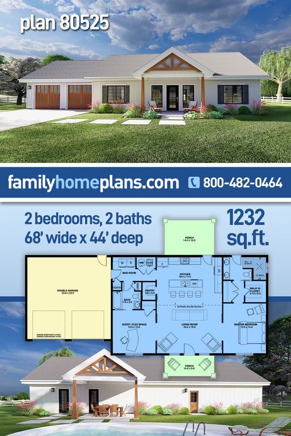 Country, Craftsman, Farmhouse, Ranch House Plan 80525 with 2 Beds, 2 Baths, 2 Car Garage