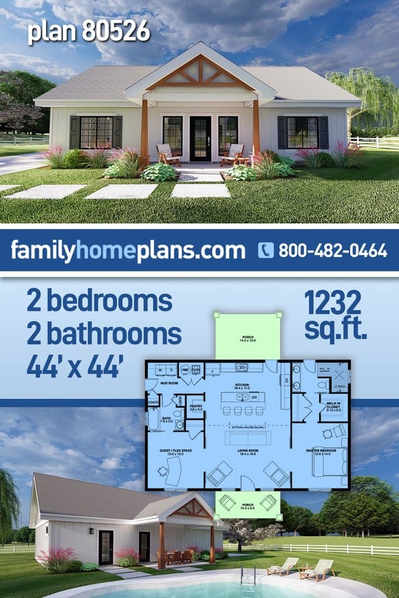 Cabin, Country, Craftsman, Ranch House Plan 80526 with 2 Beds, 2 Baths