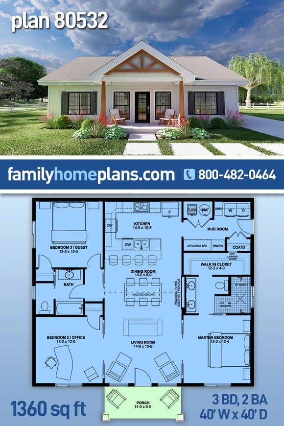 Country, Craftsman, Farmhouse, Ranch House Plan 80532 with 3 Beds, 2 Baths