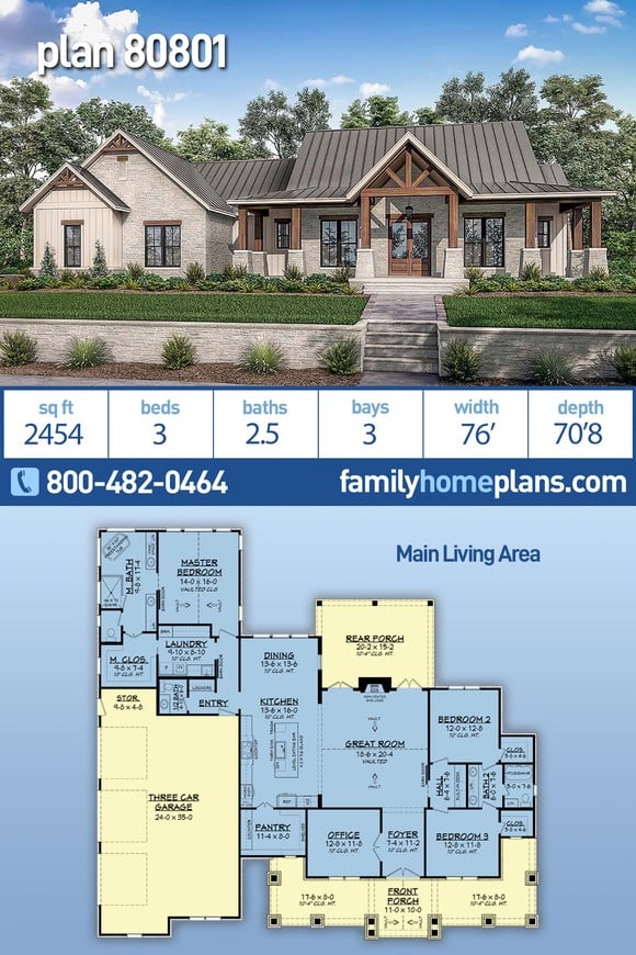 Country, Craftsman, Farmhouse, New American Style, Ranch House Plan 80801 with 3 Beds, 3 Baths, 3 Car Garage