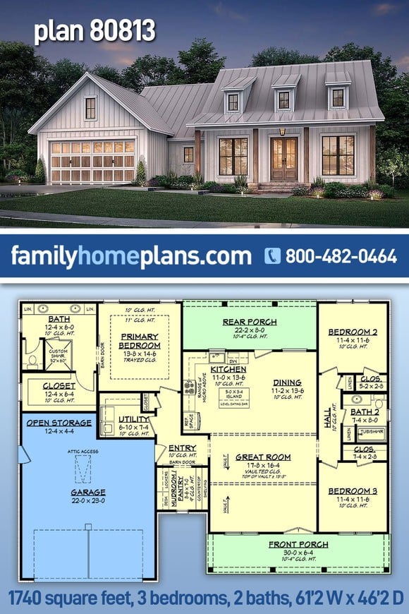 Country, Farmhouse House Plan 80813 with 3 Beds, 2 Baths, 2 Car Garage