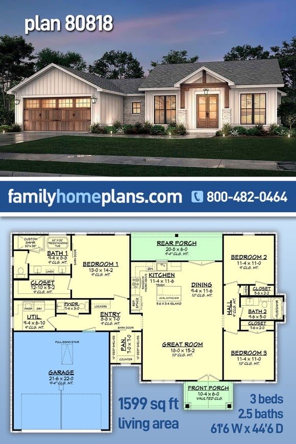 Bungalow, Country, Craftsman, Farmhouse, New American Style, Ranch House Plan 80818 with 3 Beds, 3 Baths, 2 Car Garage