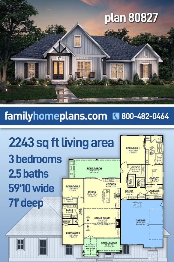 Country, Farmhouse, Traditional House Plan 80827 with 3 Beds, 3 Baths, 2 Car Garage