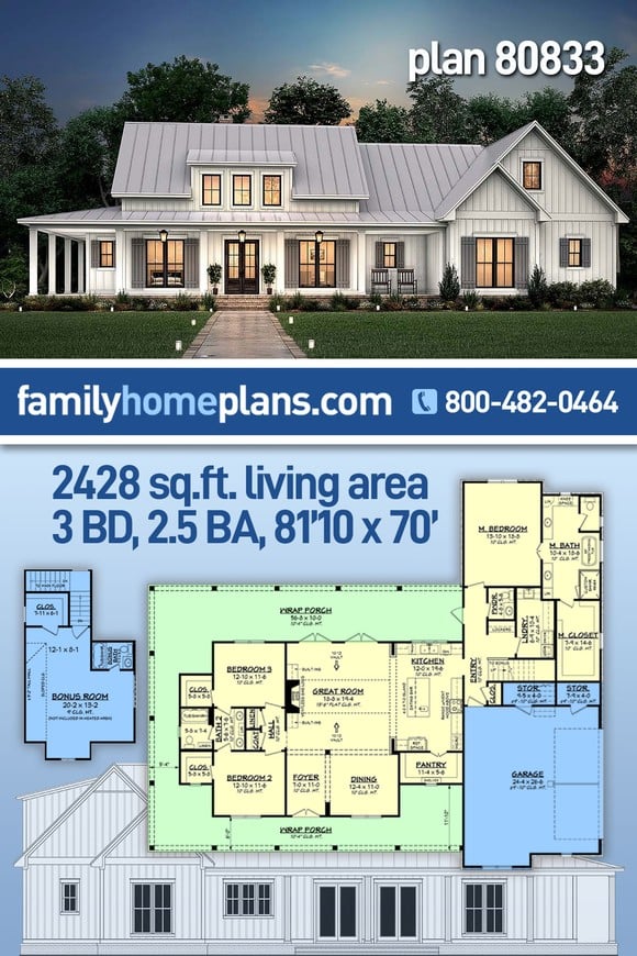Country, Craftsman, Farmhouse, New American Style House Plan 80833 with 3 Beds, 3 Baths, 2 Car Garage