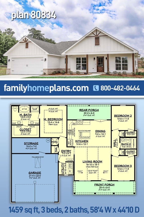 Country, Farmhouse, New American Style, Traditional House Plan 80834 with 3 Beds, 2 Baths, 2 Car Garage