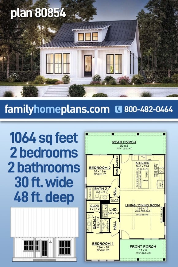 Country, Farmhouse, Traditional House Plan 80854 with 2 Beds, 2 Baths
