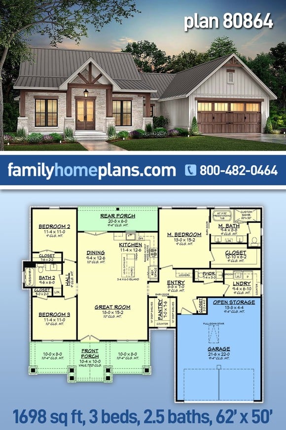 Country, Farmhouse, New American Style, Traditional House Plan 80864 with 3 Beds, 3 Baths, 2 Car Garage