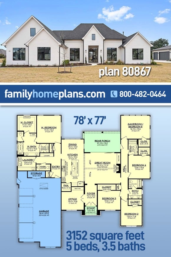 Farmhouse, Traditional House Plan 80867 with 5 Beds, 4 Baths, 3 Car Garage