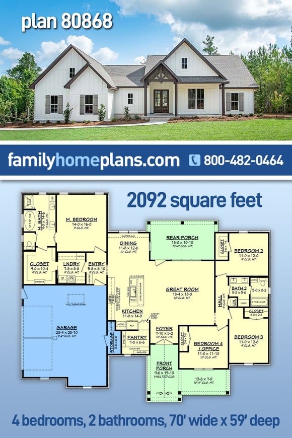 Country, Craftsman, Farmhouse, New American Style, Traditional House Plan 80868 with 4 Beds, 2 Baths, 2 Car Garage