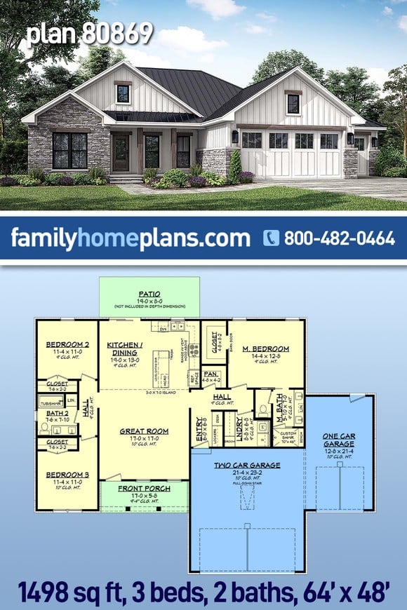 Country, Farmhouse, New American Style, Traditional House Plan 80869 with 3 Beds, 2 Baths, 3 Car Garage