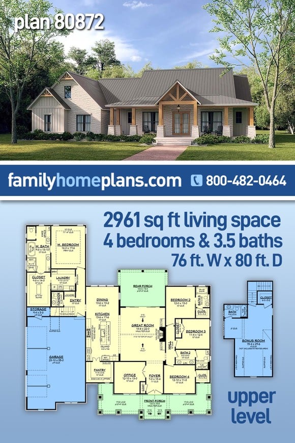 Country, Farmhouse, New American Style, Traditional House Plan 80872 with 4 Beds, 4 Baths, 3 Car Garage