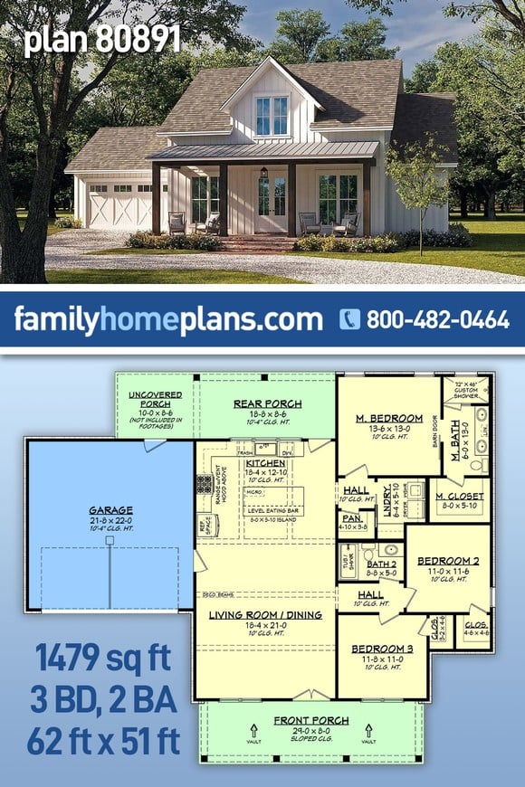 Country, Farmhouse, New American Style, Traditional House Plan 80891 with 3 Beds, 2 Baths, 2 Car Garage