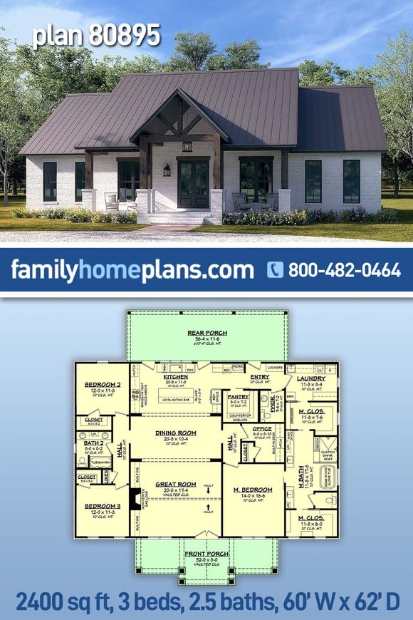 Country, Craftsman, Farmhouse, Traditional House Plan 80895 with 3 Beds, 3 Baths