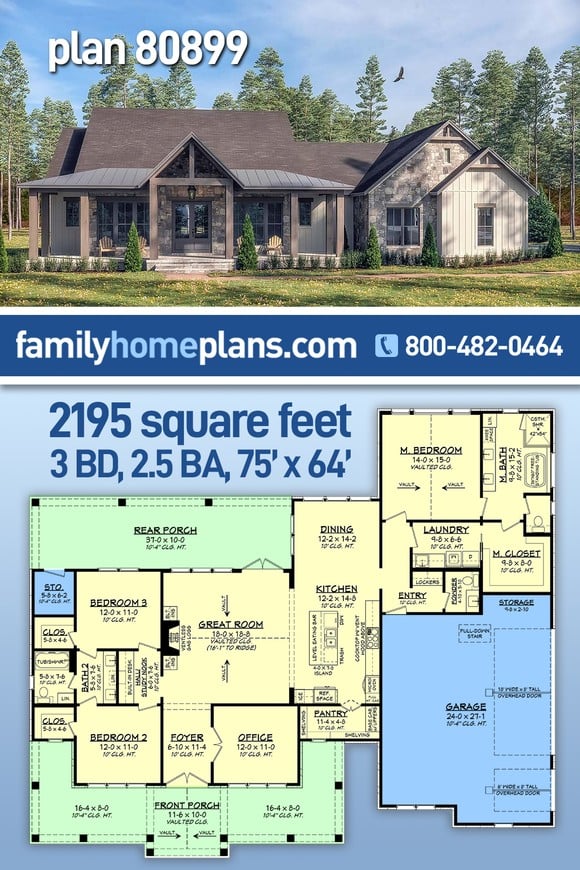 Country, Farmhouse House Plan 80899 with 3 Beds, 3 Baths, 2 Car Garage