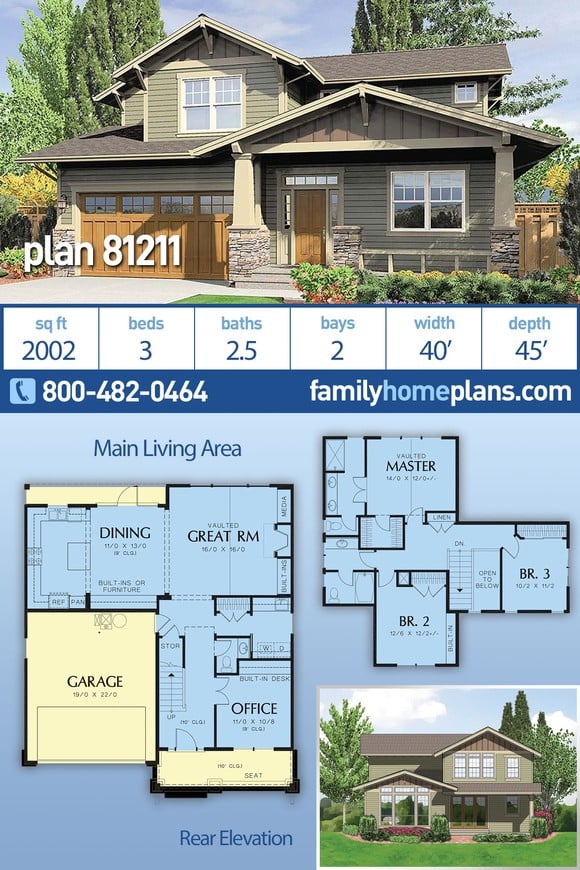 Bungalow, Craftsman House Plan 81211 with 3 Beds, 3 Baths, 2 Car Garage
