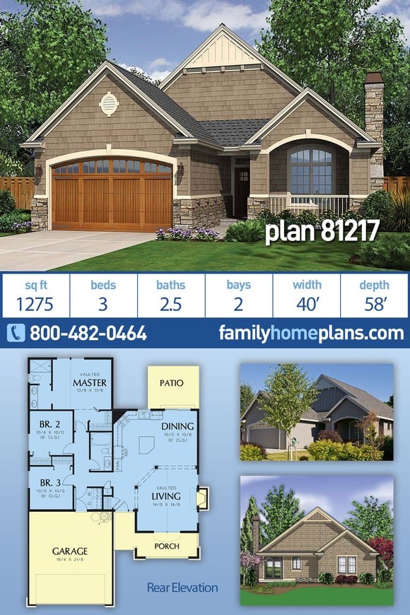 Cottage, Craftsman House Plan 81217 with 3 Beds, 3 Baths, 2 Car Garage