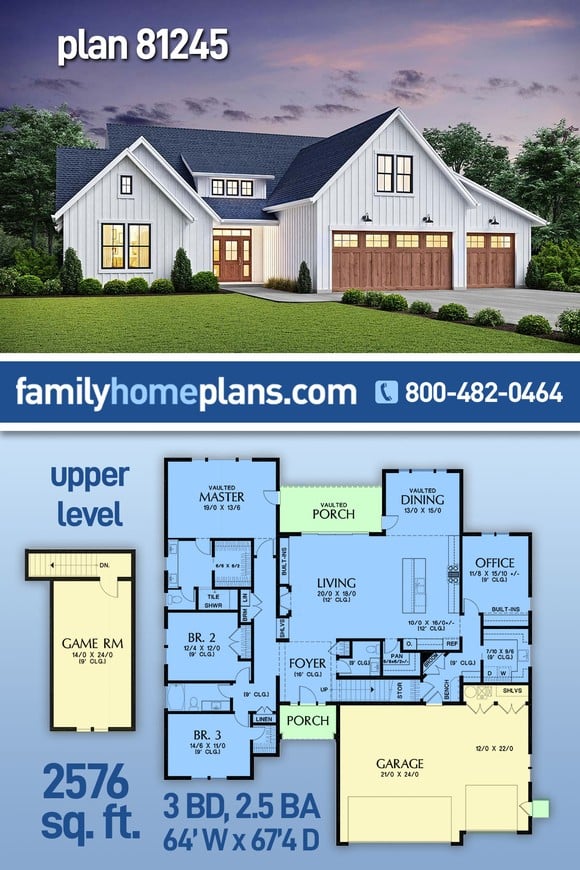 Country, Farmhouse, Southern House Plan 81245 with 3 Beds, 3 Baths, 3 Car Garage