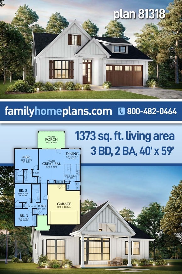 Craftsman, Farmhouse House Plan 81318 with 3 Beds, 2 Baths, 2 Car Garage