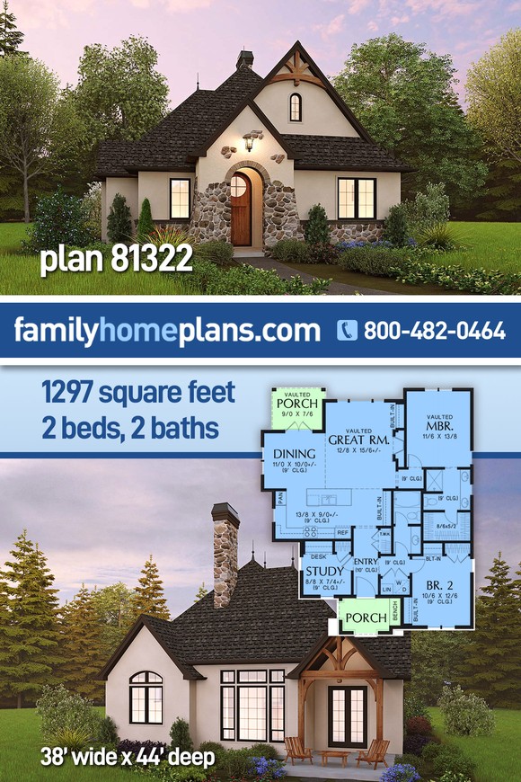 Cabin, Cottage, European, Traditional House Plan 81322 with 2 Beds, 2 Baths