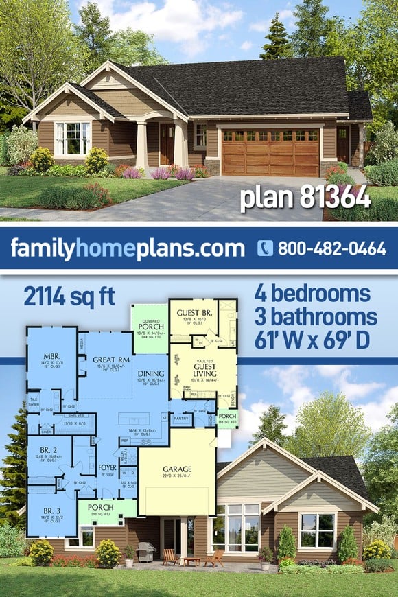 Cottage, Craftsman House Plan 81364 with 4 Beds, 3 Baths, 2 Car Garage