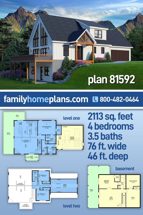 Contemporary House Plan 81592 with 4 Beds, 4 Baths, 2 Car Garage