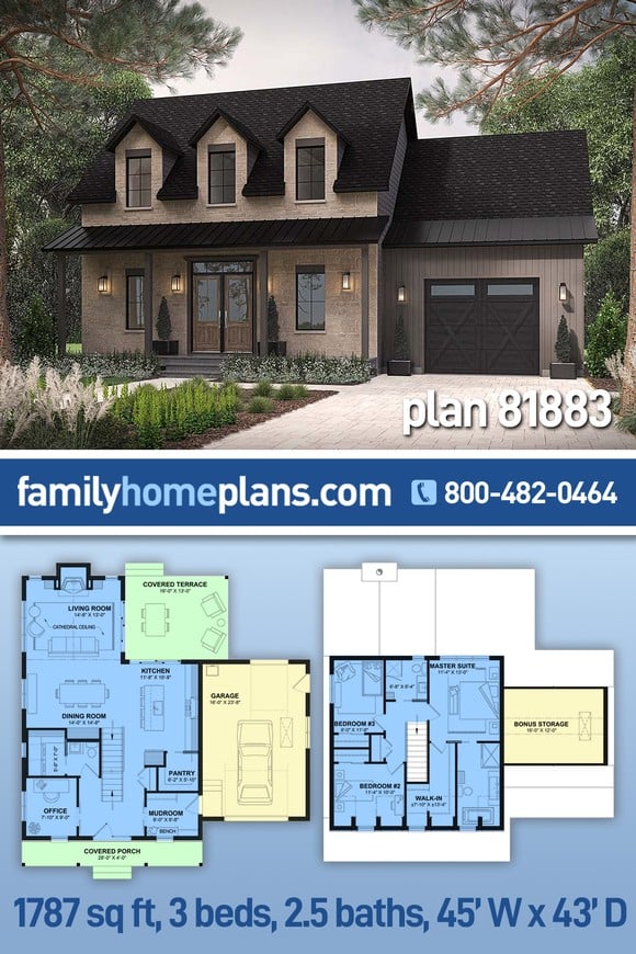 Colonial, Country, Farmhouse, Traditional House Plan 81883 with 3 Beds, 3 Baths, 1 Car Garage