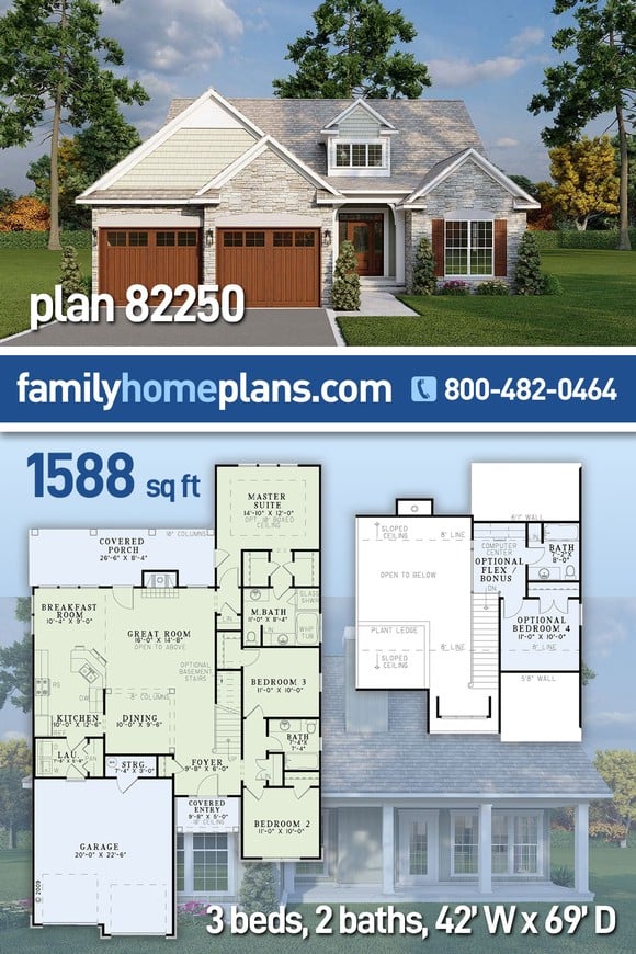Country, Traditional House Plan 82250 with 3 Beds, 2 Baths, 2 Car Garage