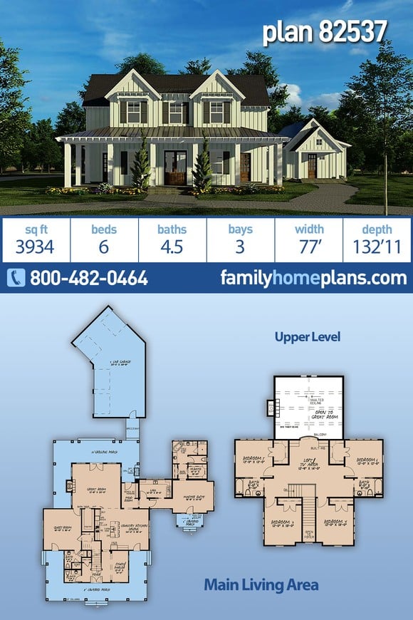 Bungalow, Country, Craftsman, Farmhouse House Plan 82537 with 6 Beds, 5 Baths, 3 Car Garage
