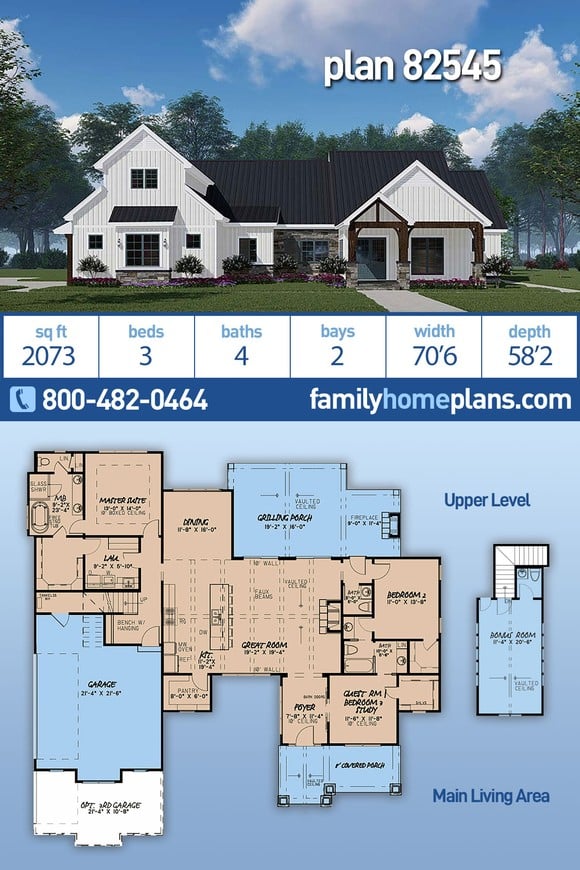Country, Craftsman, Farmhouse House Plan 82545 with 3 Beds, 4 Baths, 2 Car Garage