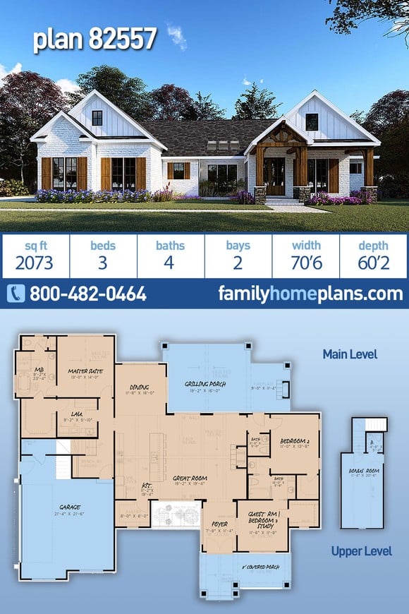 Bungalow, Craftsman, Farmhouse, New American Style, One-Story House Plan 82557 with 3 Beds, 4 Baths, 2 Car Garage