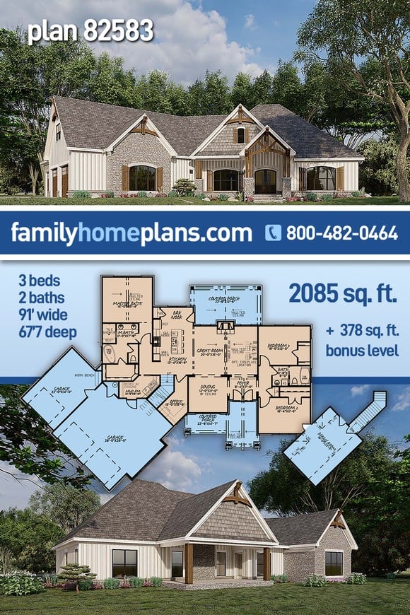 Bungalow, Craftsman, French Country, New American Style House Plan 82583 with 3 Beds, 2 Baths, 3 Car Garage